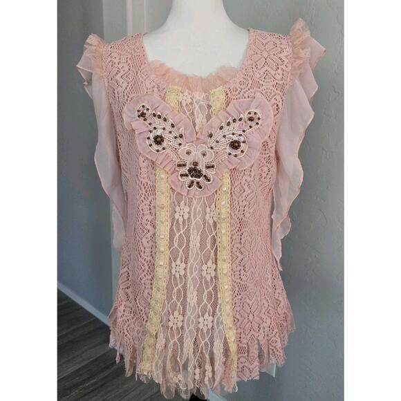 Cottagecore Fairy Ruffled Lace Pretty Angel Whimsical Pink Yellow Blouse Sz XL - Picture 1 of 11